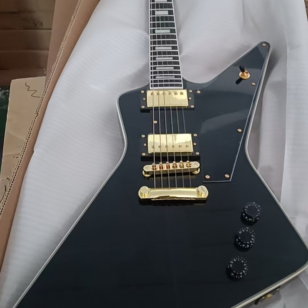 No Brand Custom X‑Plorer Gloss Black Electric Guitar Gold Hardware 22Fret ShipUS