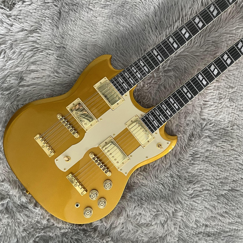 Hot SG Electric Guitar Double Neck Gold 6+12 String HH Pickups Free Shipping