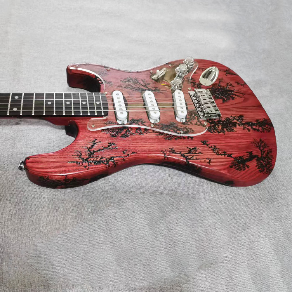 6 String Ash ST Lightning Struck Wood Electric Guitar 21F red body CR part solid