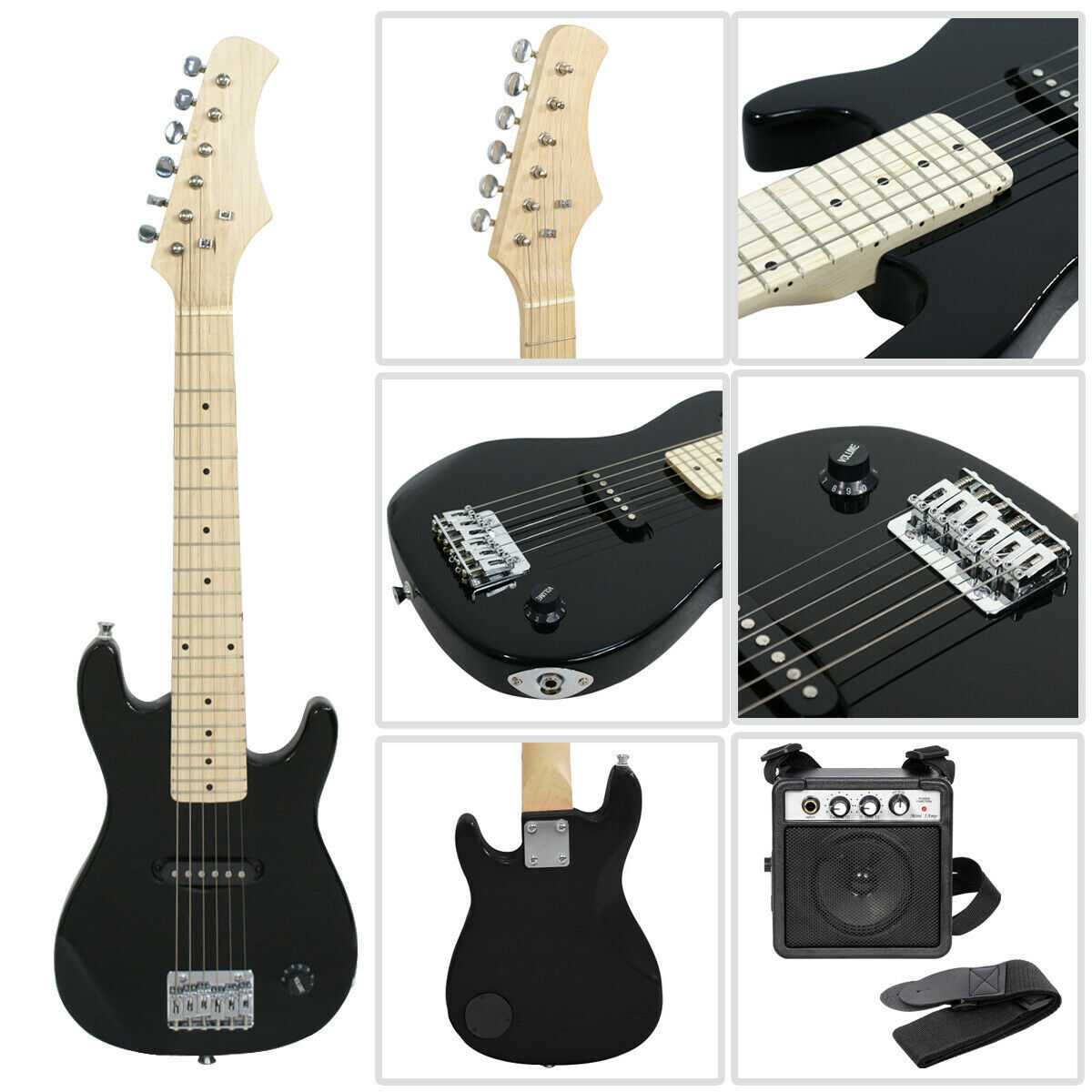 Black Kids Guitar w/ Amp Case Electric Guitar Accessories Pack 30″ Beginner Use