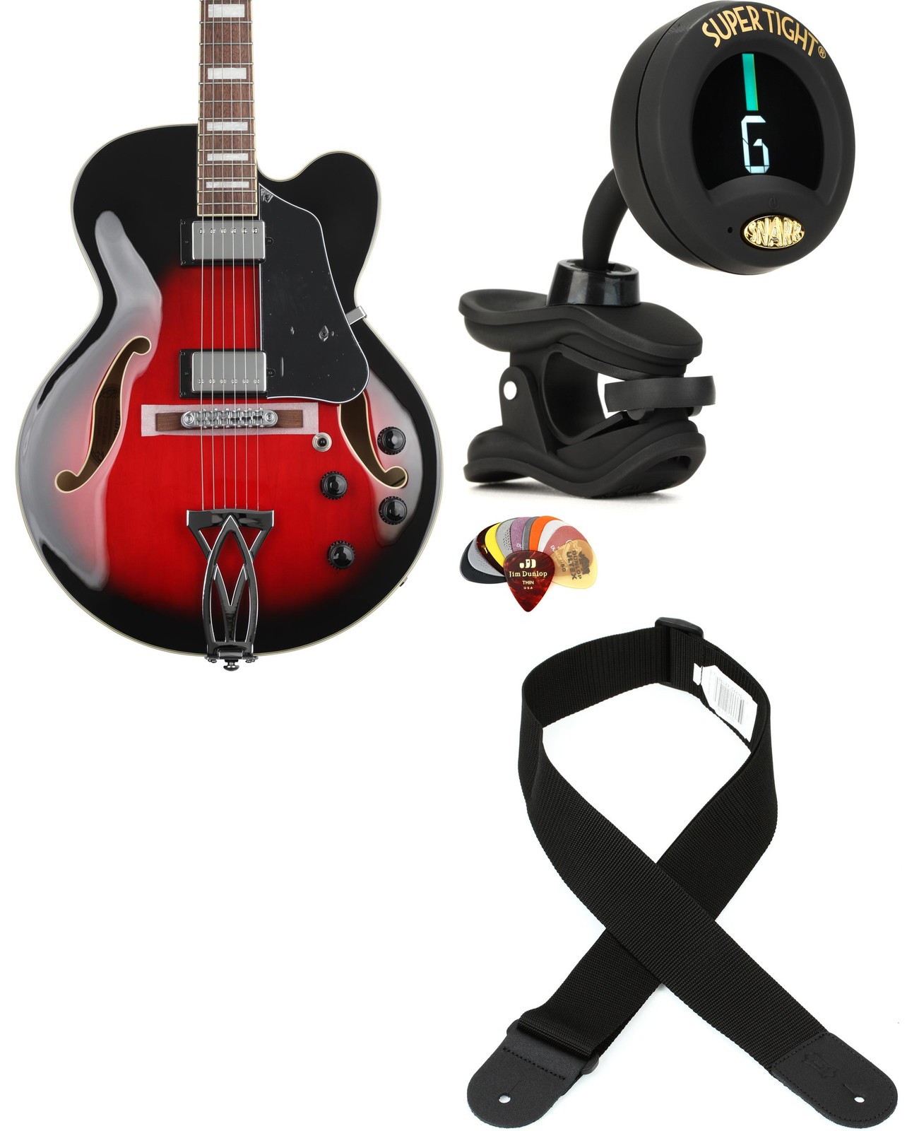 Ibanez AF75TRS + Snark ST-8 + Dunlop PVP101 + Levy’s M8POLY-BLK Value Bundl