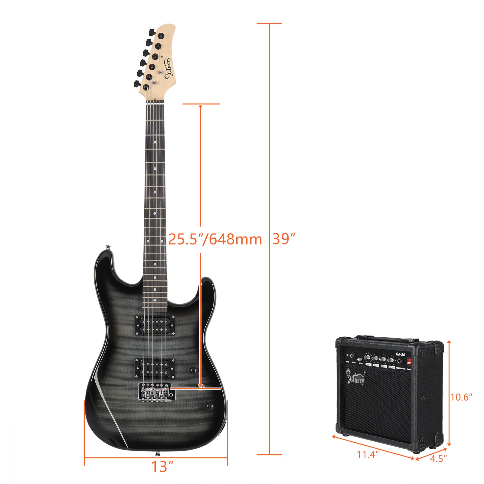 Glarry 39″ GST Electric Guitar Beginner Kit Gig Bag 20W AMP