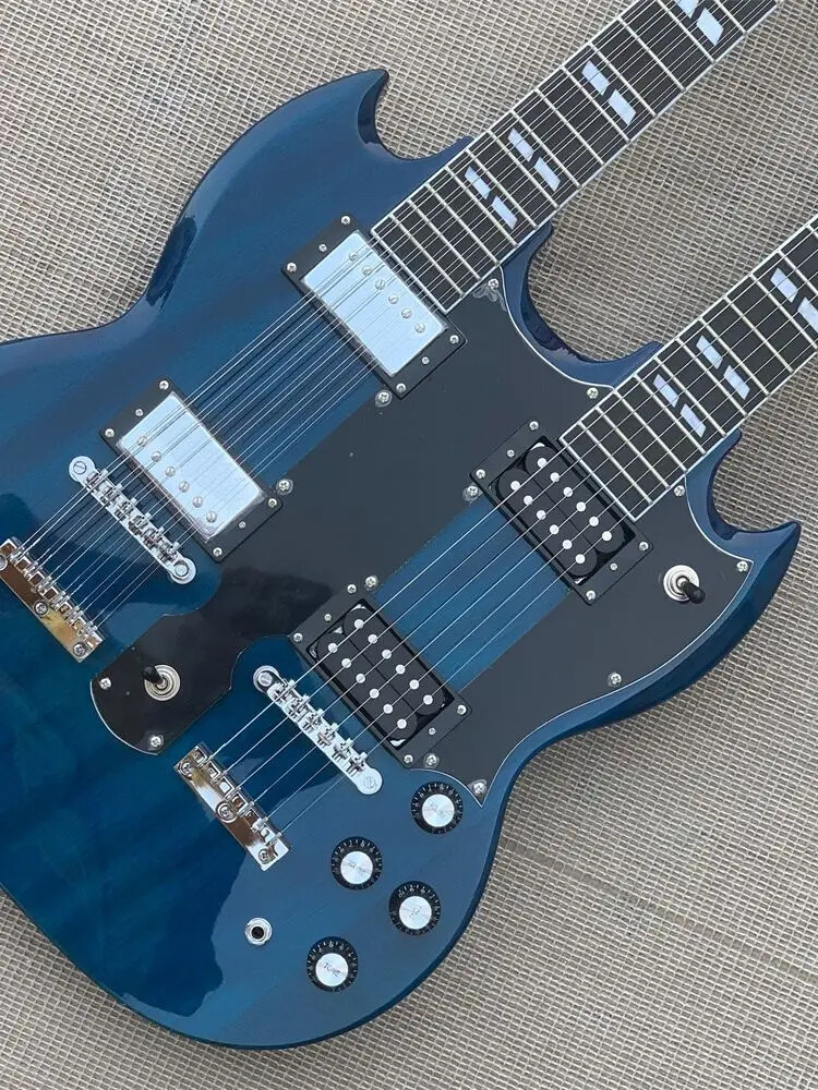 Blue 12 & 6 Strings Slash Double Neck Electric Guitar Split Parallelogram Inlay