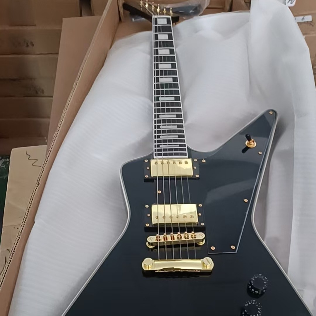 No Brand Custom X‑Plorer Gloss Black Electric Guitar Gold Hardware 22Fret ShipUS