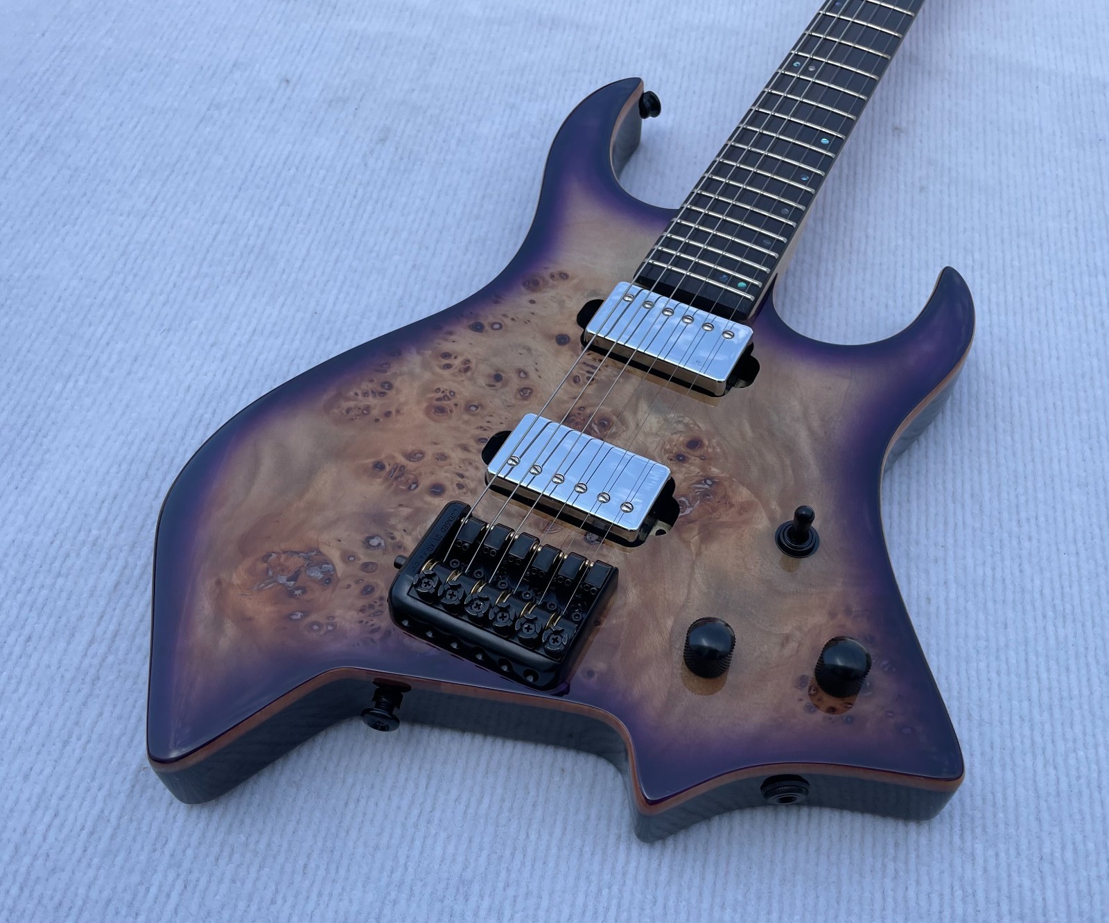 Headless / Travel 6 String Electric Guitar Solid Body Glossy Finished Burl Top