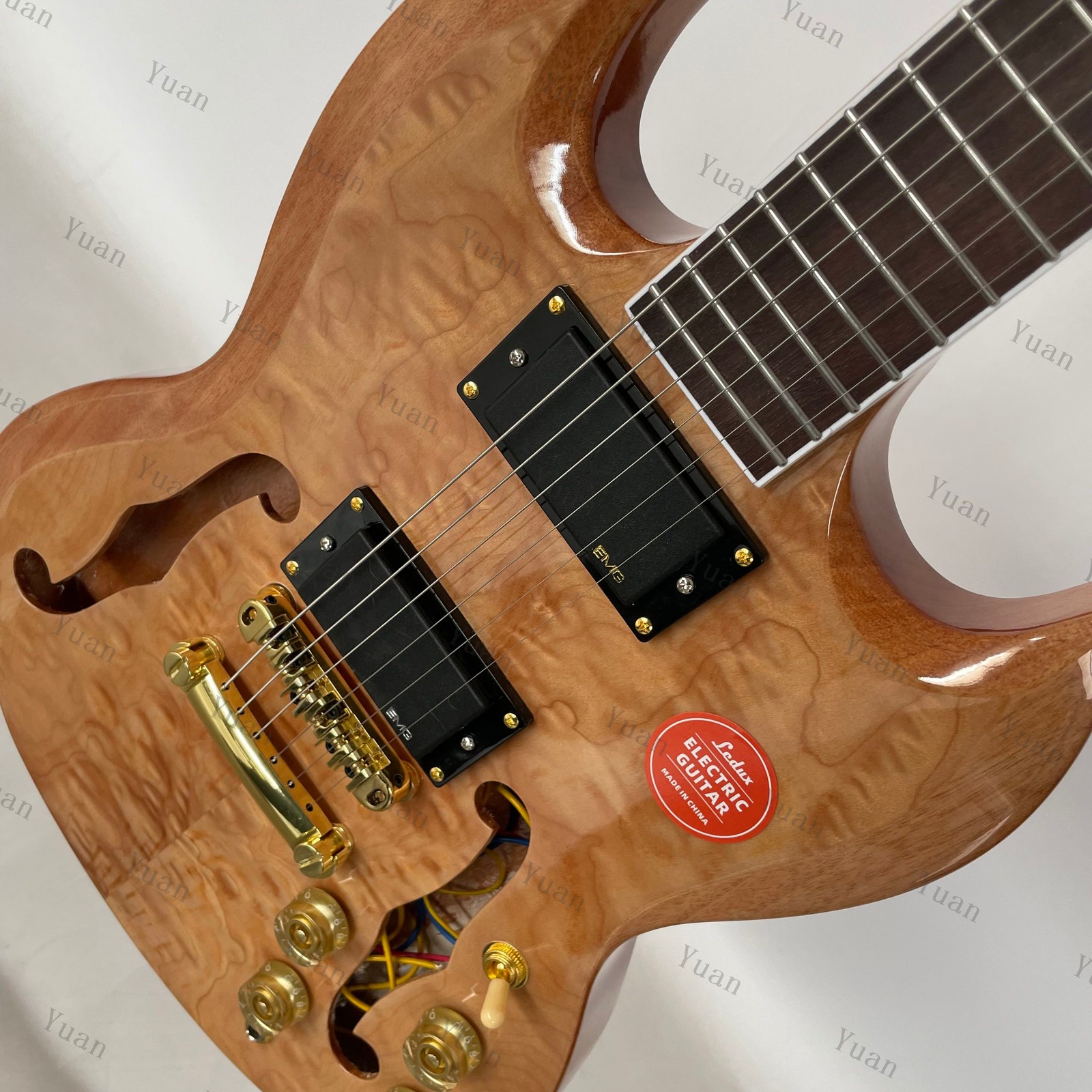 Semi-HollowBody Electric Guitar Quilted Maple Top veneer Gold part fast Bone Nut