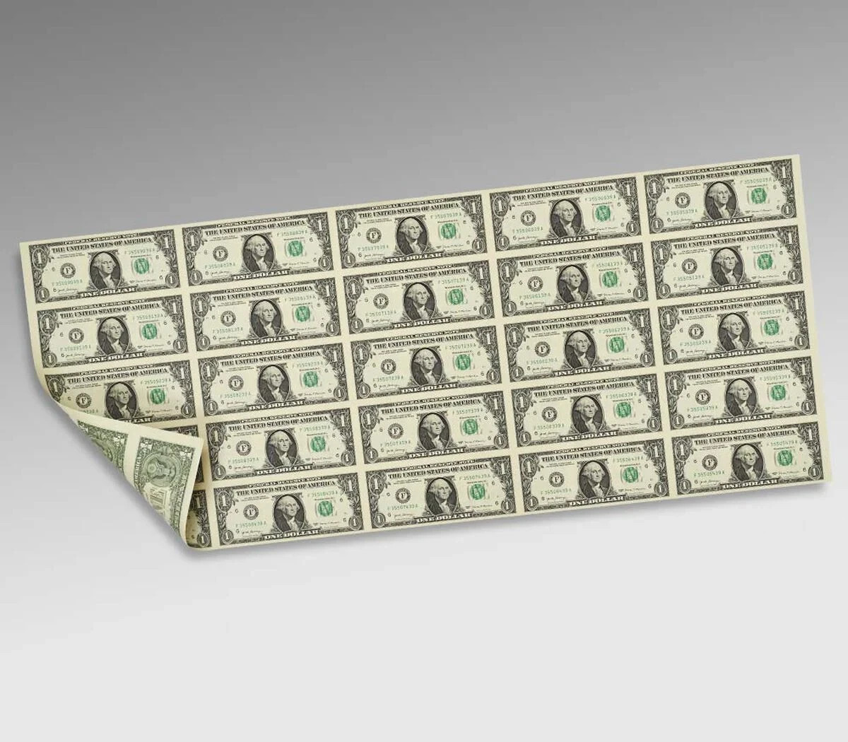 Uncut Sheet of (25) U.S. $1 One Dollar Bills NEW Item #1801.