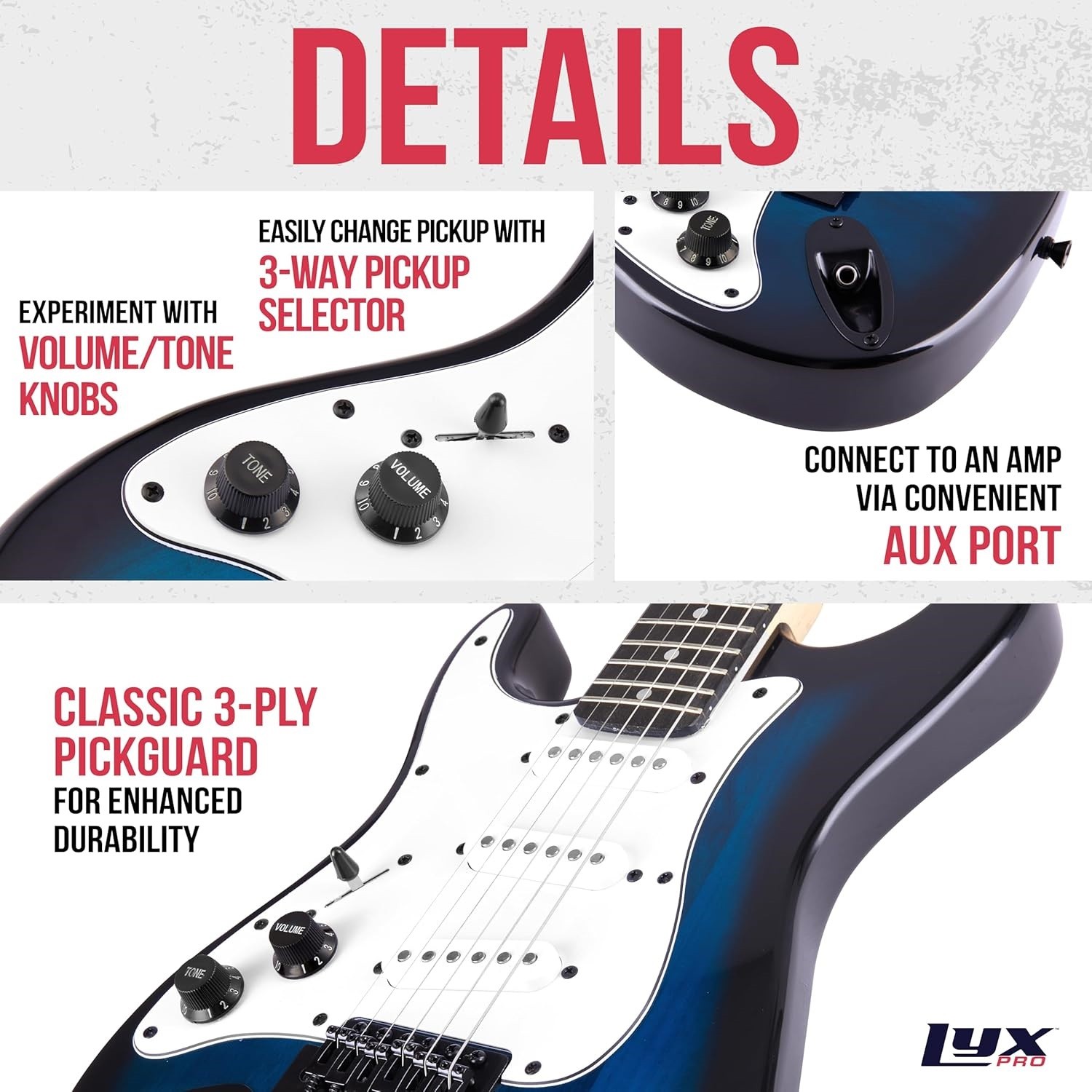 LyxPro CS 36in Left Hand Electric Guitar Kit Amp Cable 6 Picks Guide Blue