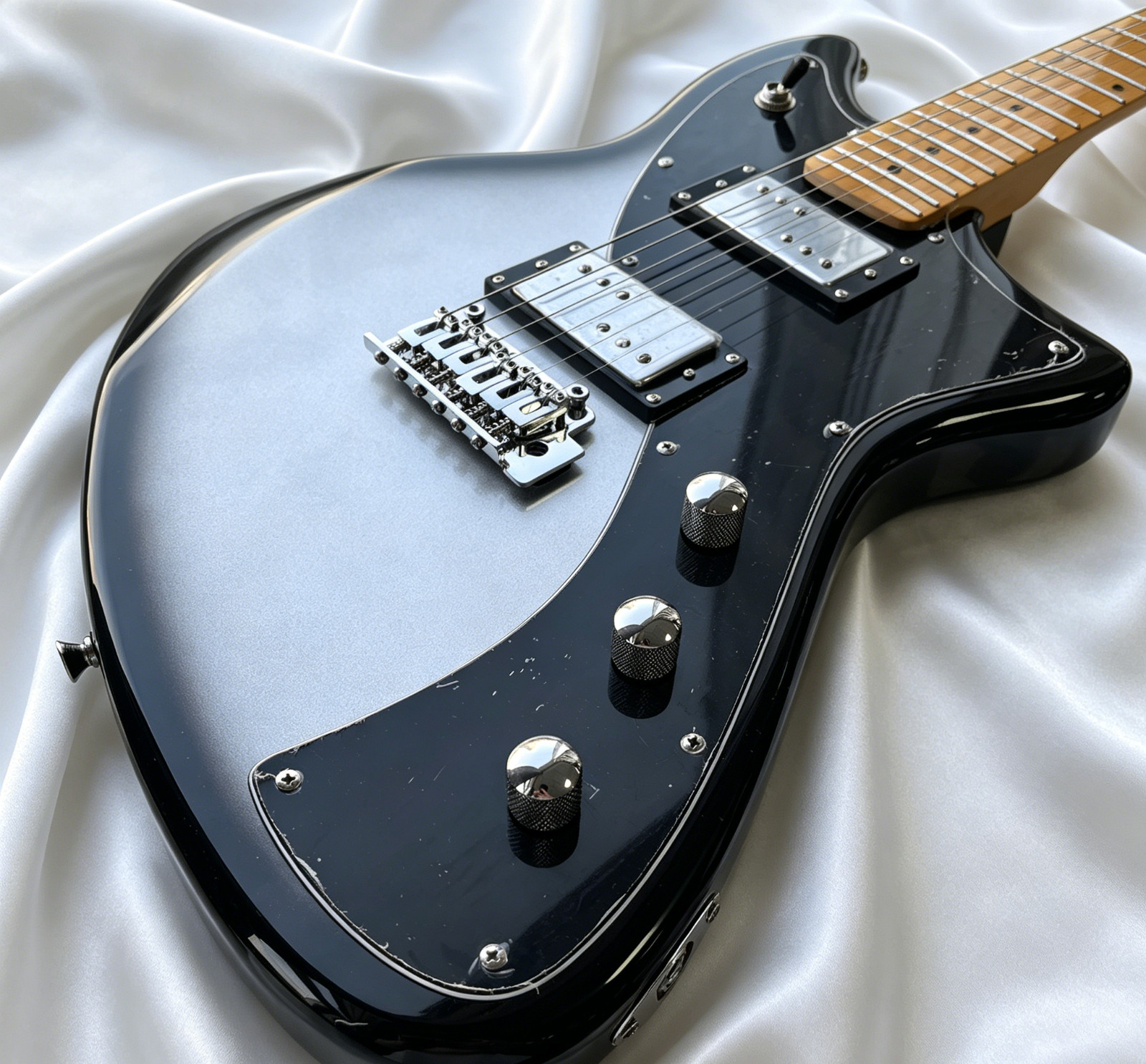Black Silver Jazz master Style Electric Guitar HH Humbuckers Maple Neck