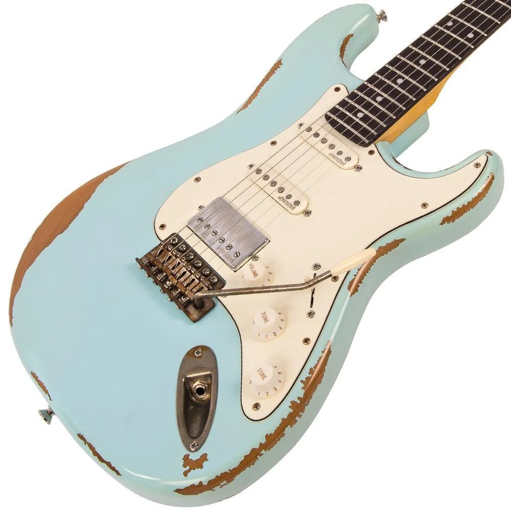 Vintage V6H ICON HSS Electric Guitar, Ultra-Gloss Distressed Laguna Blue