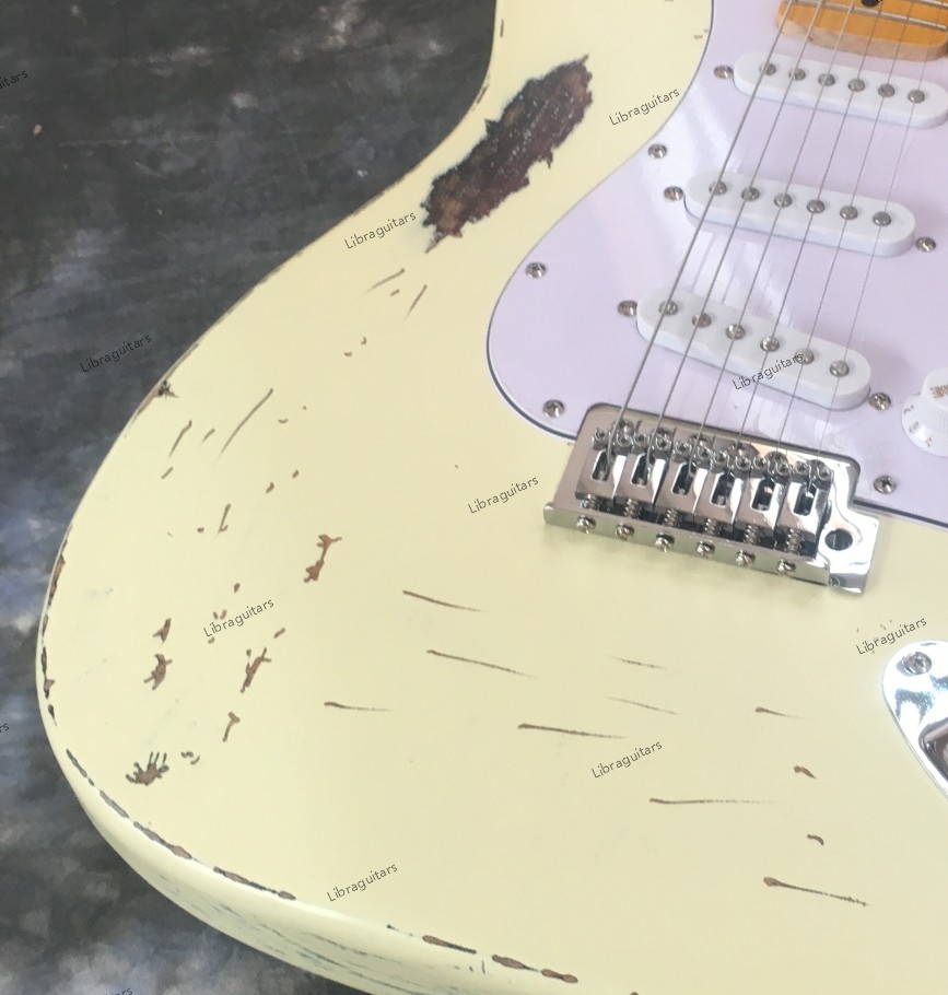 Vintage Aged Electric Guitar Tremolo Bridge SSS Pickups Chrome Hardware White