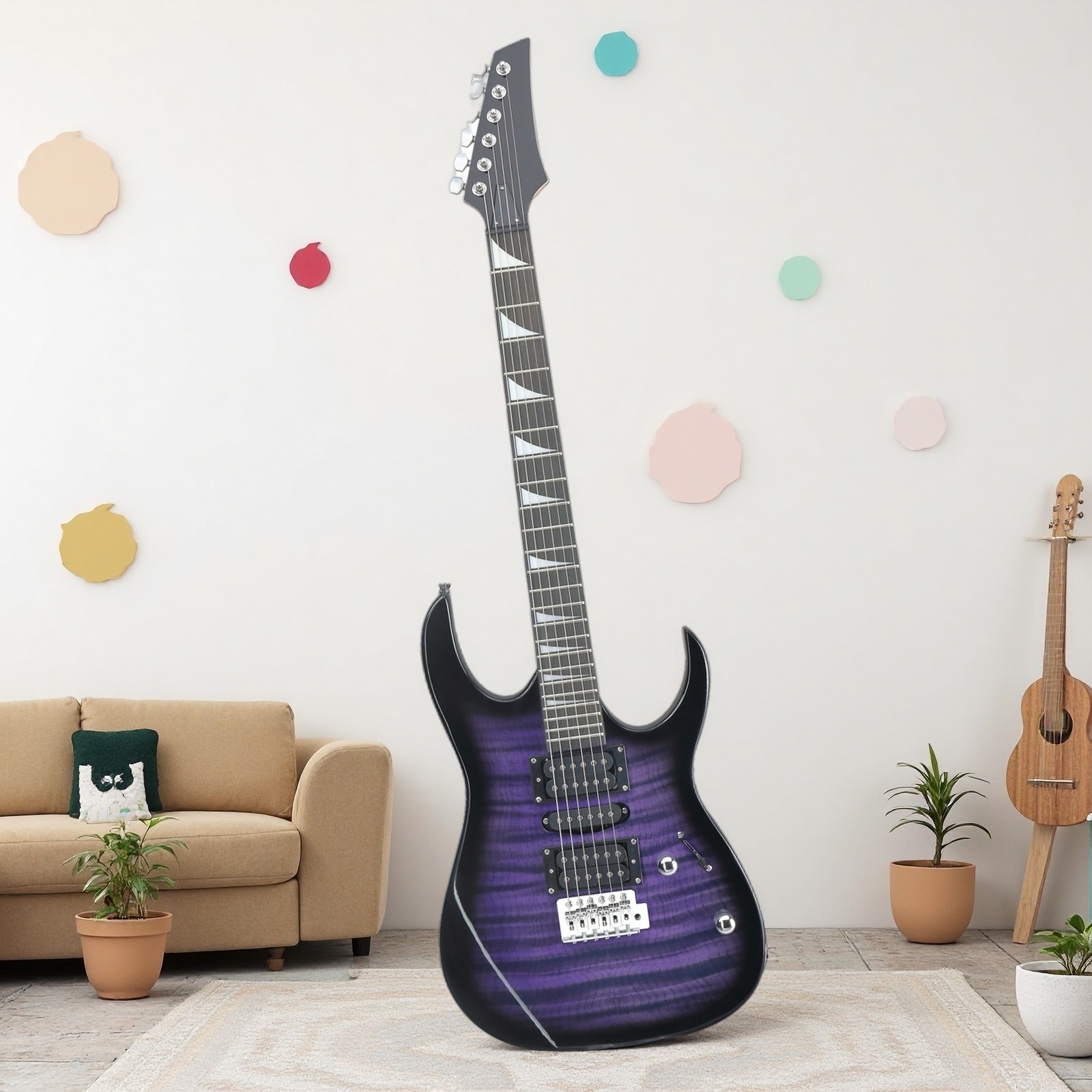 Super-Strat Style Electric Guitar Set – HSH Pickups, Amp, Basswood Body & Purple
