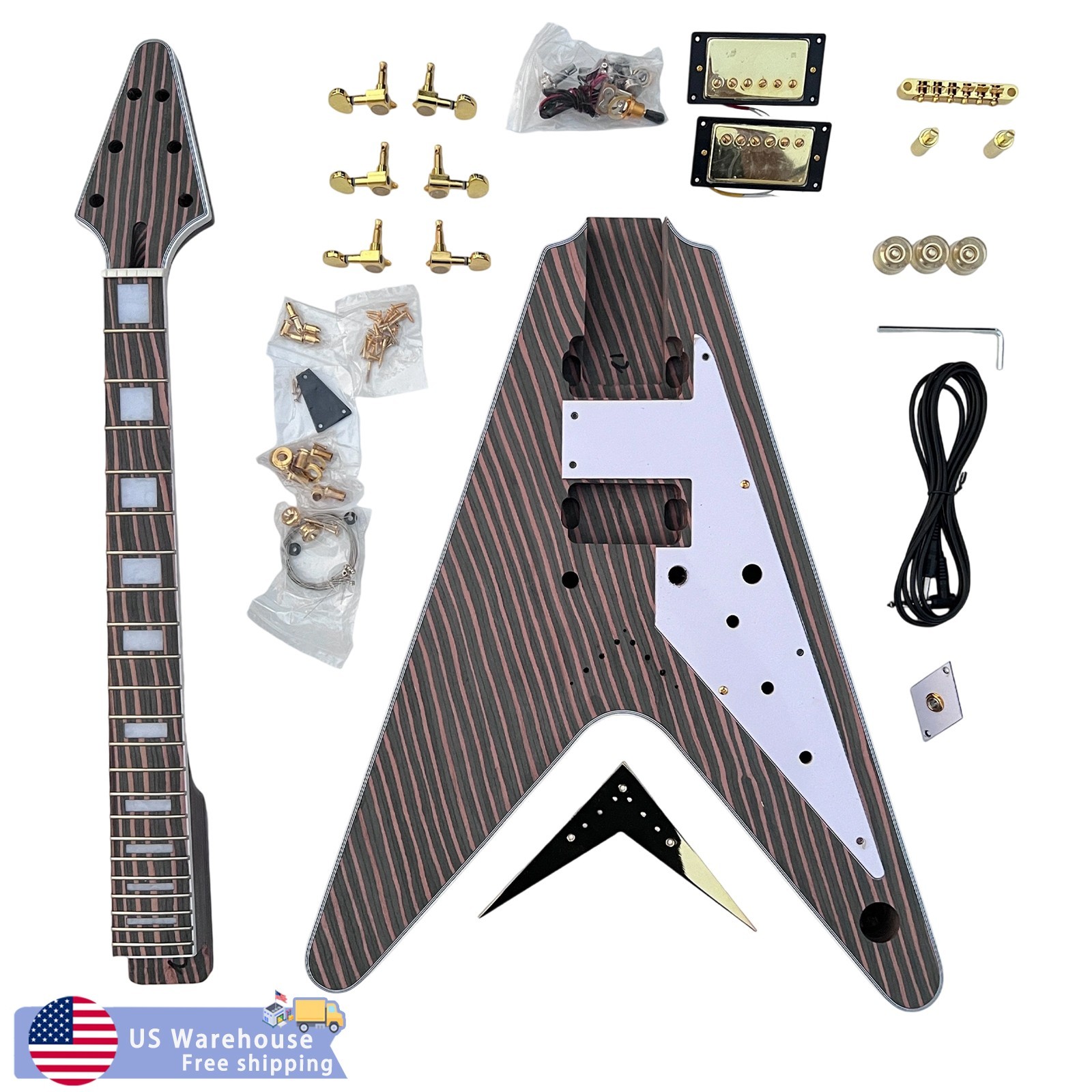 Unfinished DIY Electric Guitar Kit Set In Zebrawood V Bridge Humbucker FREE SHIP