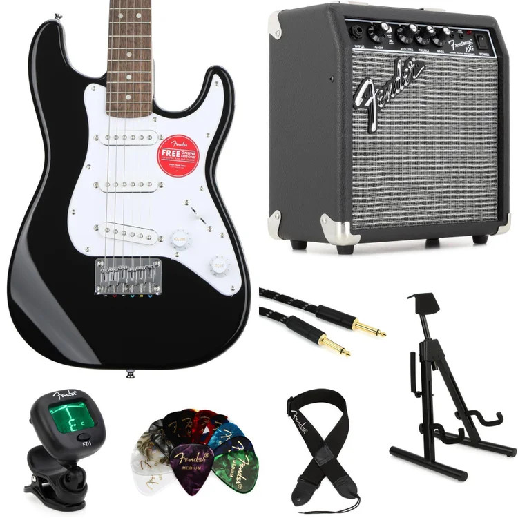 Squier Mini Strat Electric Guitar and Fender Amp Bundle – Black