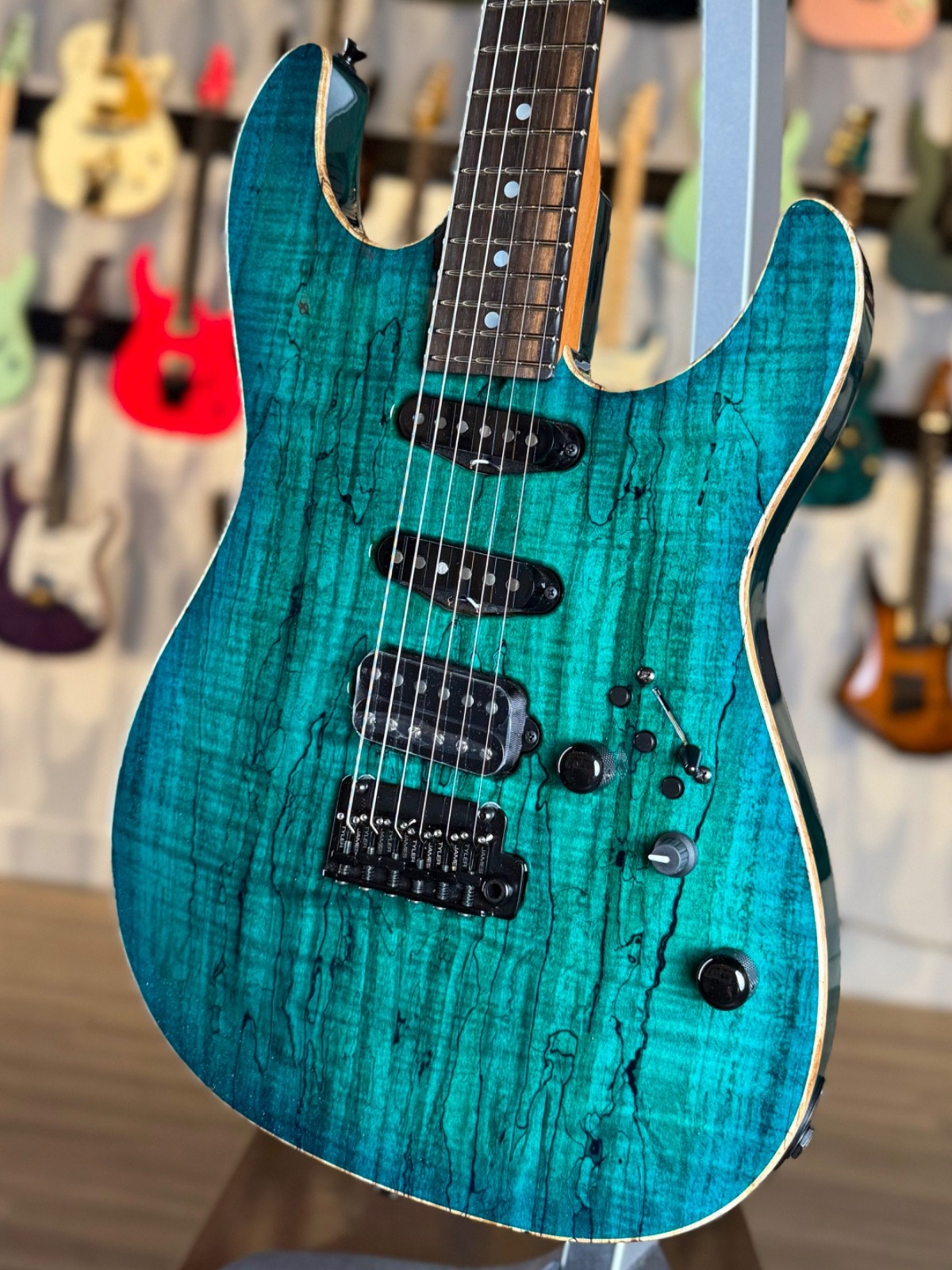 James Tyler Guitars Studio Elite HDX – Spalted Maple Transparent Teal Burst