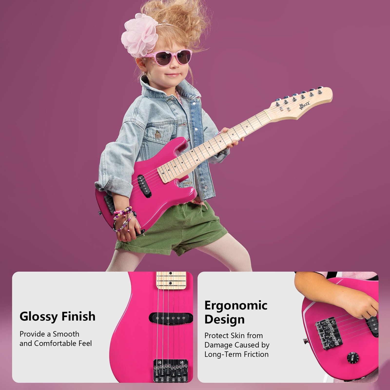 WINZZ EGM100 30 Inches Real Kids Electric Guitar with Beginner Kit, Rose Pink