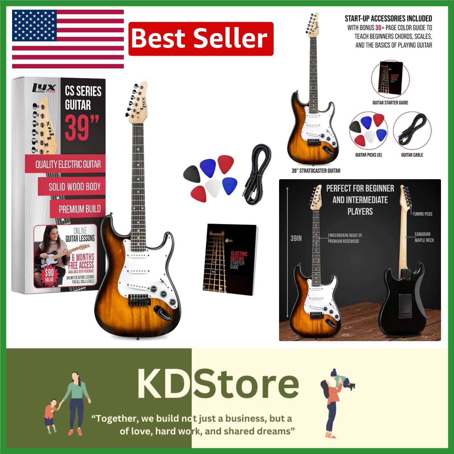 CS 39” Electric Guitar Kit – Perfect for Beginners & Pros, Sunburst Finish