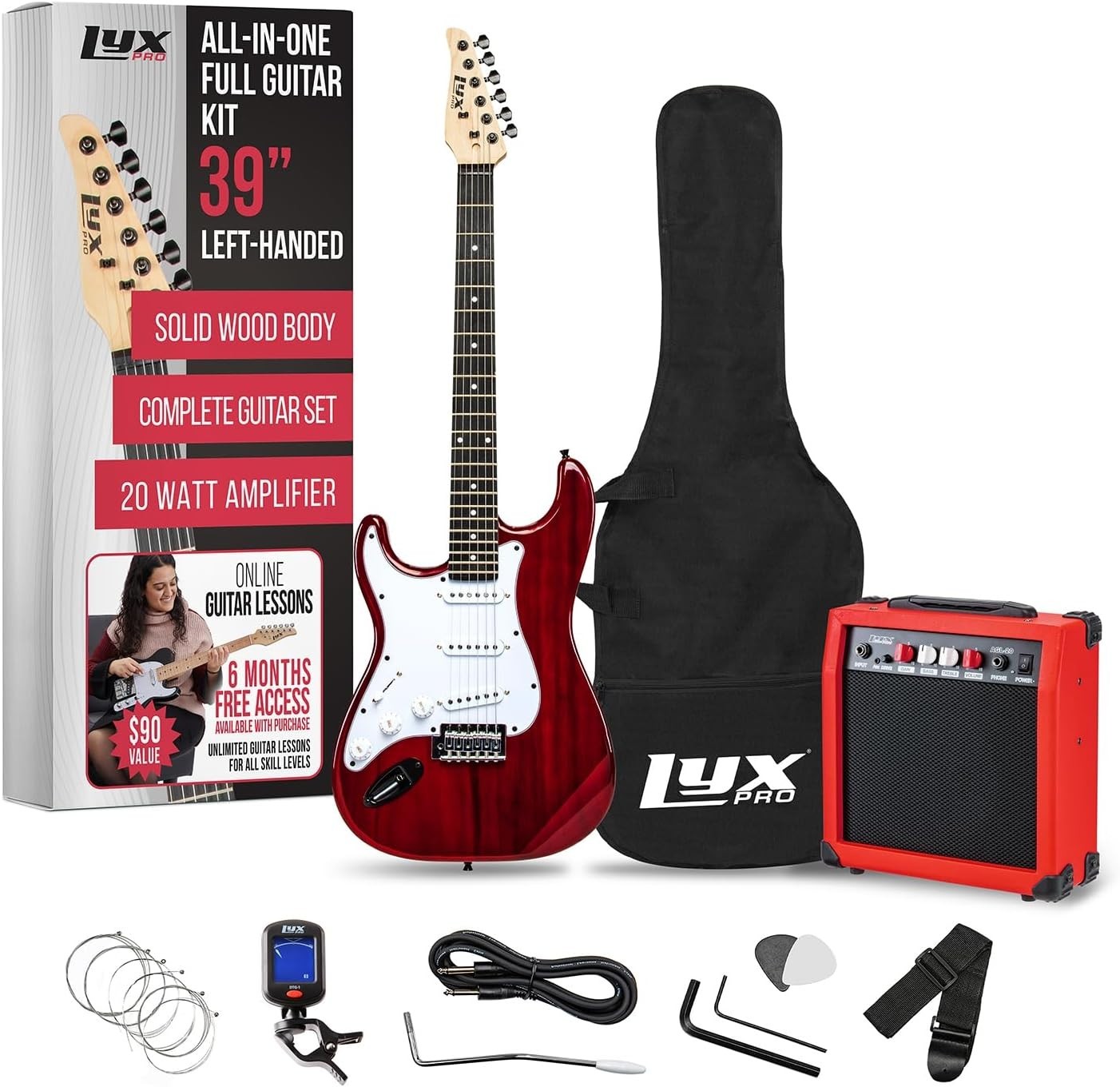 Full Size Left Handed Electric Guitar 39 Inch Maple Wood with Accessories Red