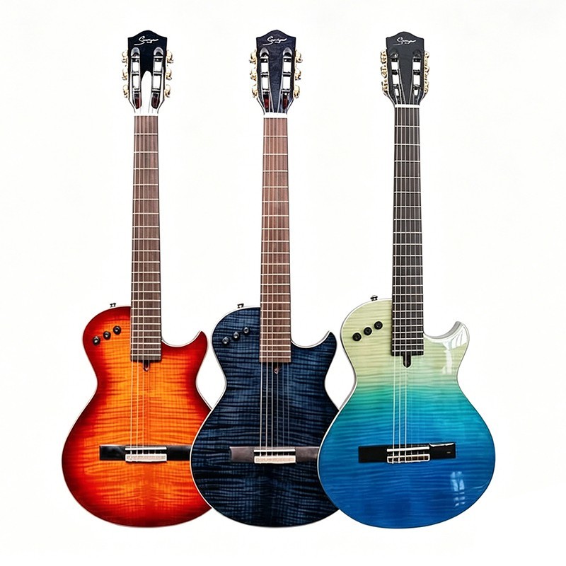 Tiger Veneer Gloss Body Silent Electric Classical Guitar Nylon Strings