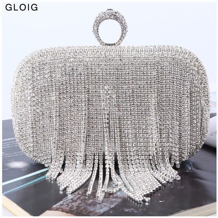 Rhinestones Tassel Clutch, Handmade Beaded Metal Evening Bags All Colors
