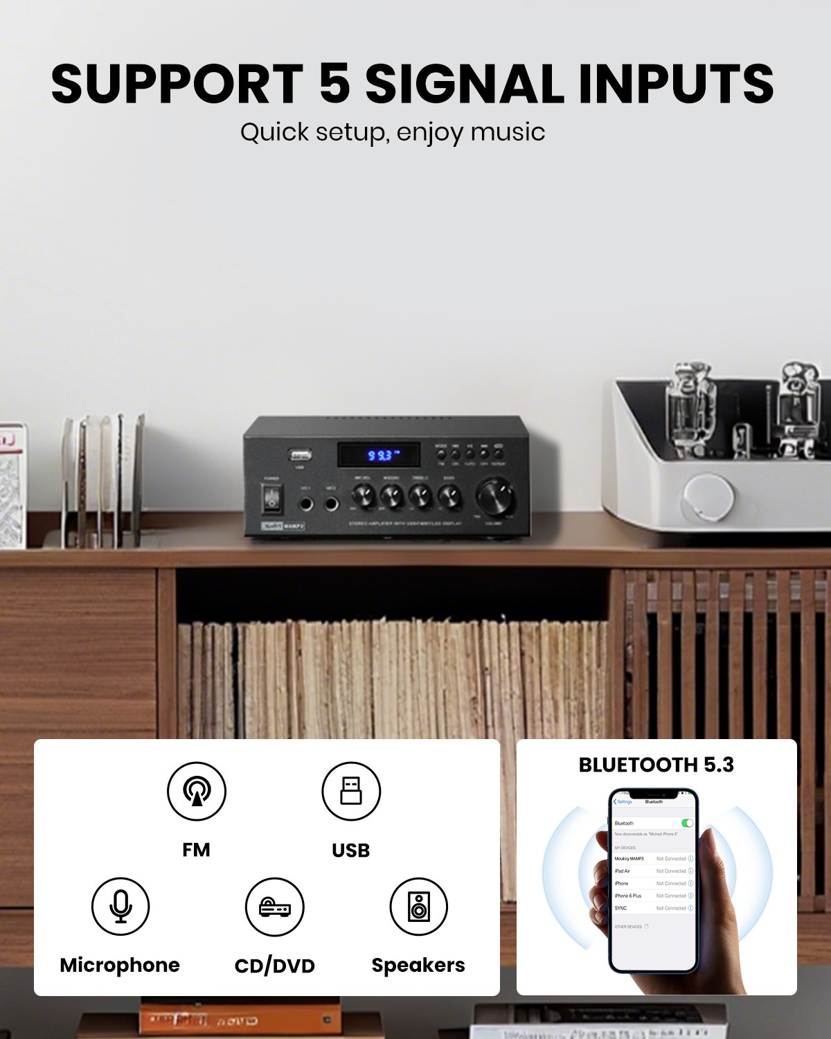 Moukey Stereo Receivers Bluetooth 5.0, 300W 2.0 Channel Power Audio Amplifier