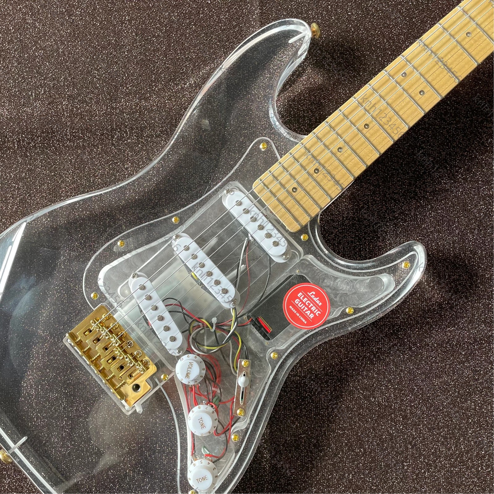 Transparent Acrylic Electric Guitar SSS Pickups Blue LED Tremolo Bridge