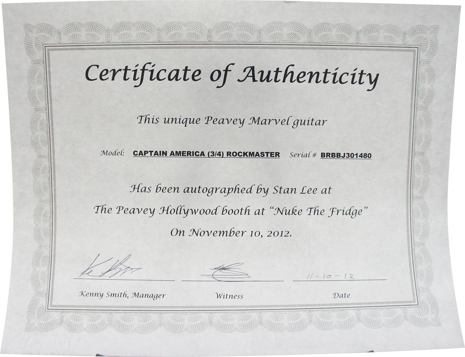 Stan Lee Signed Peavey Marvel Captain America 3/4 Electric Guitar & Certificate!
