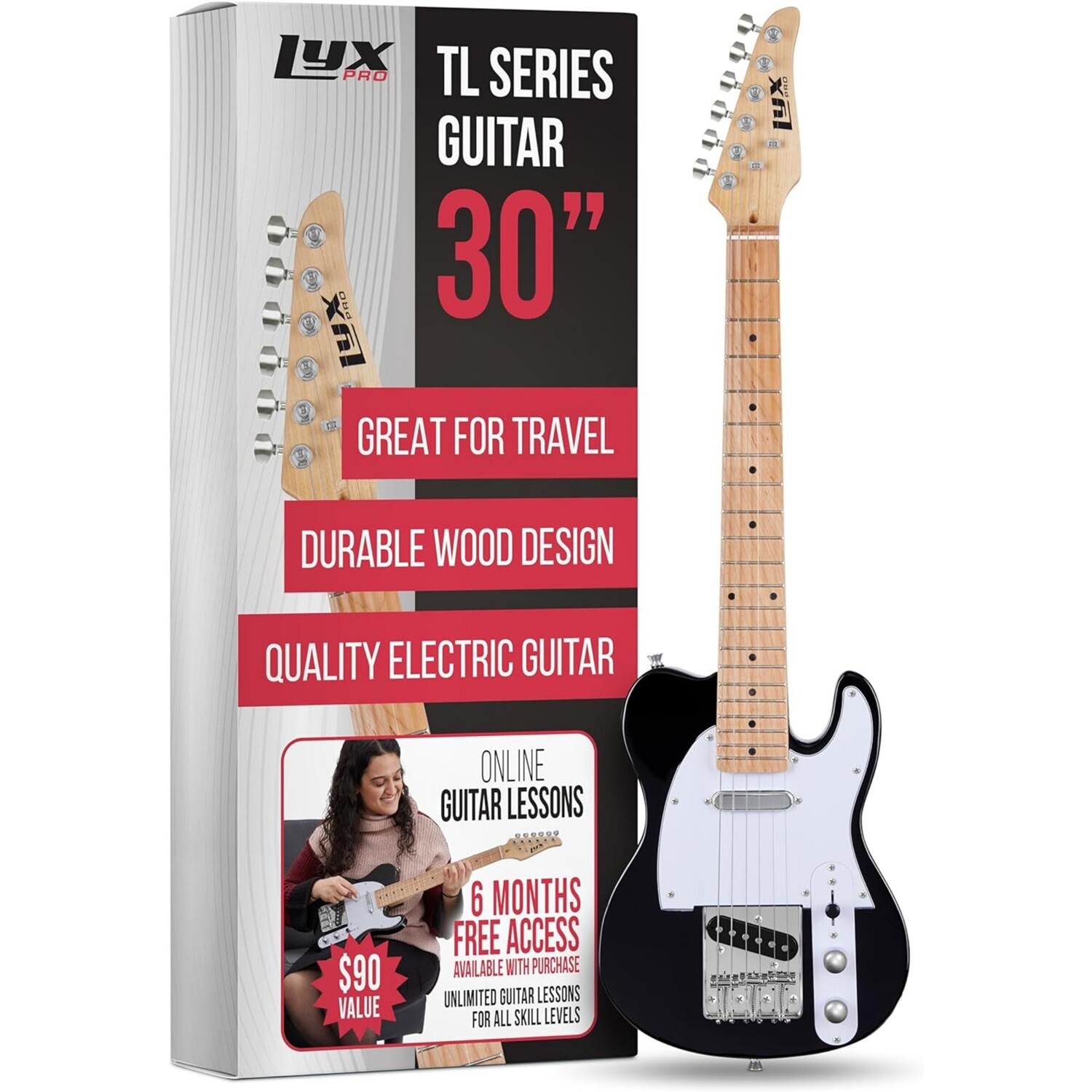 LyxPro Beginner 30″ Telecaster Style Electric Guitar, Paulownia Body, Black