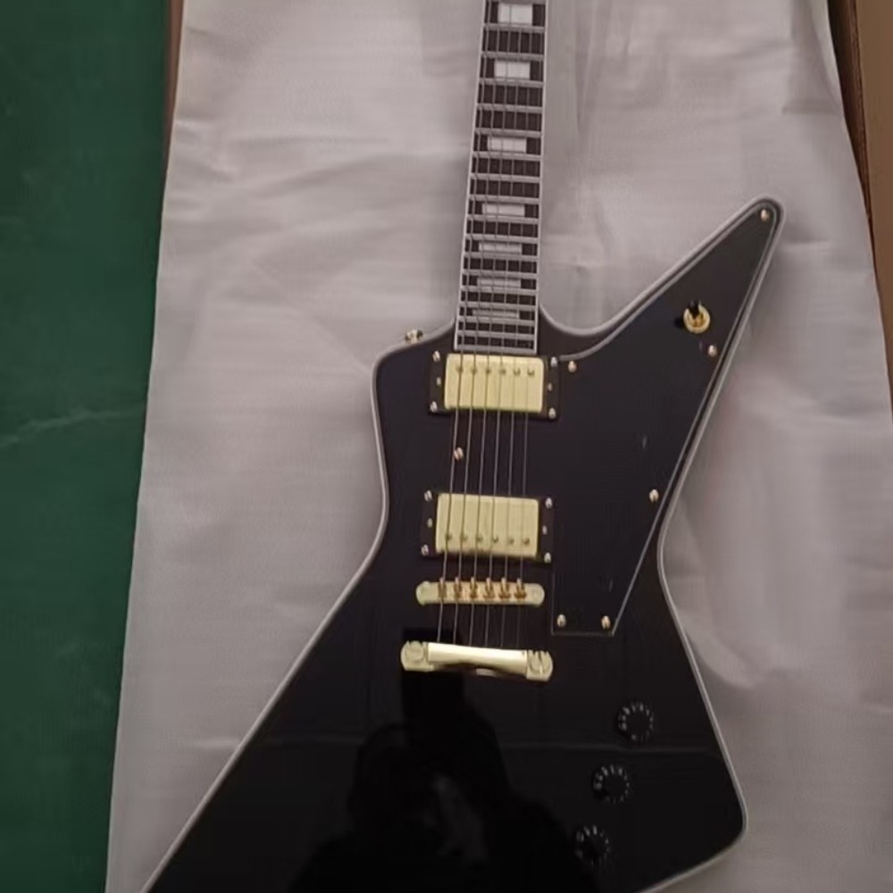 No Brand Custom X‑Plorer Gloss Black Electric Guitar Gold Hardware 22Fret ShipUS