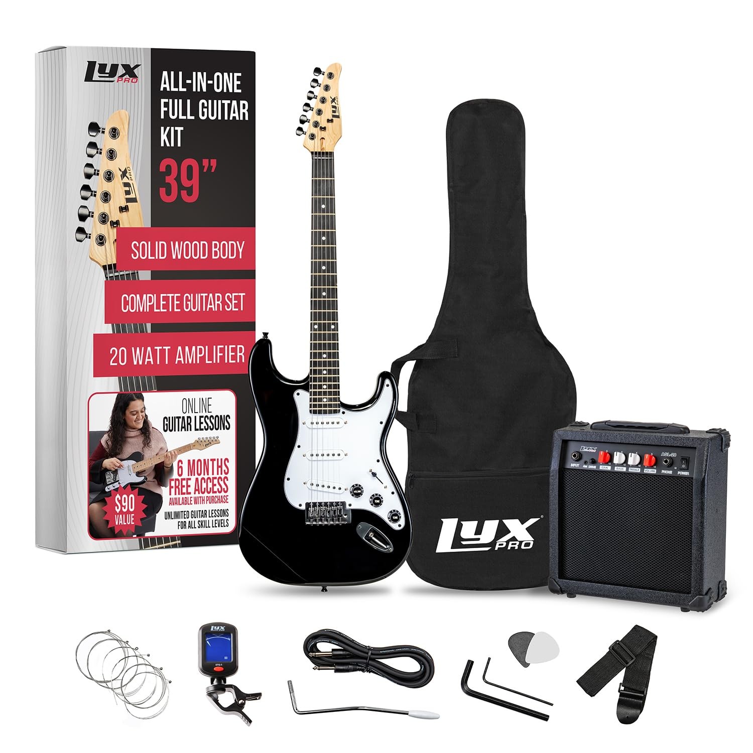 LyxPro 39in Electric Guitar Kit 20W Amp Tuner Strings Picks Strap Case Black