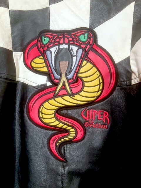 Rare VIPER by OVATION GUITAR Black Red White LEATHER JACKET Medium M Biker SNAKE