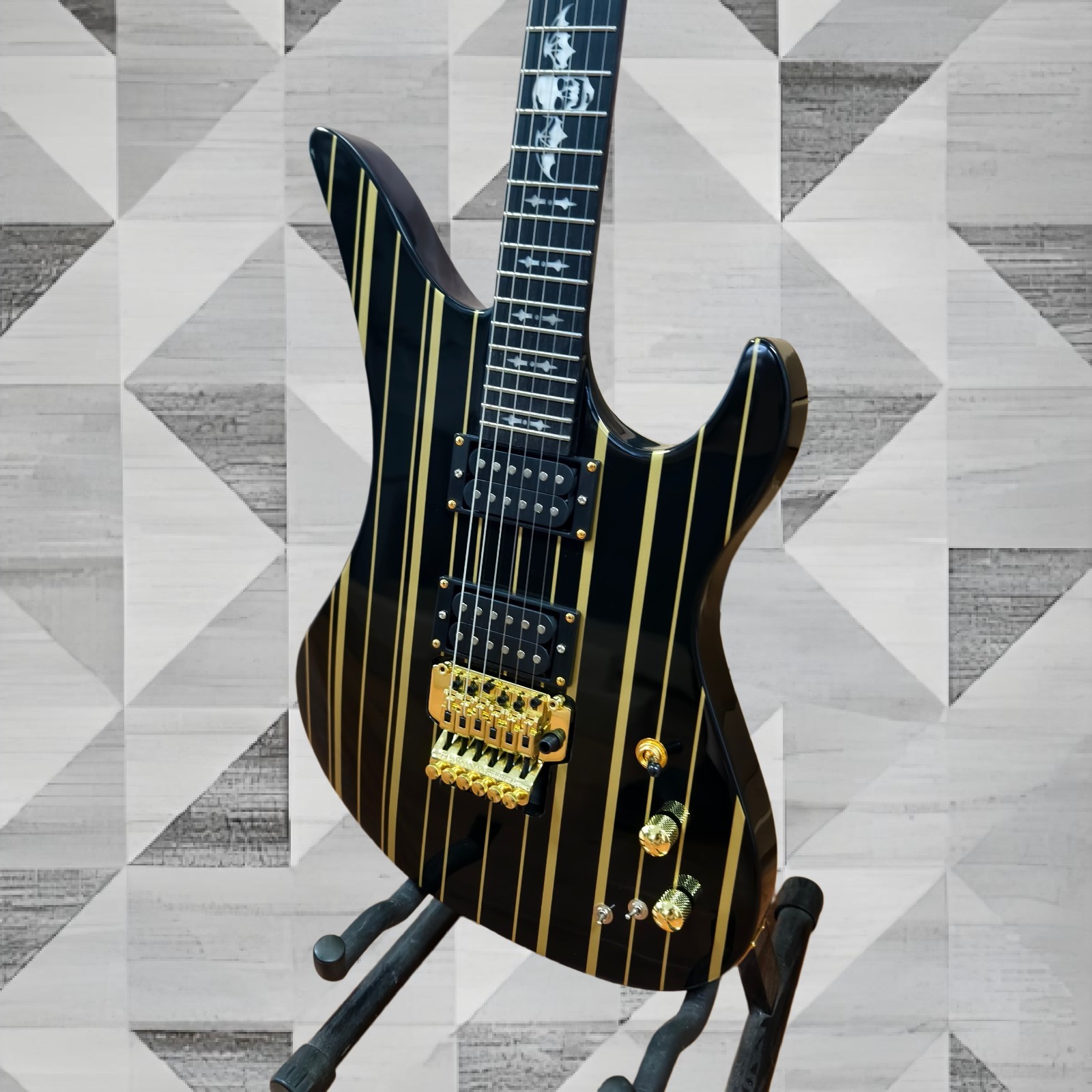 Schecter Synyster Gates Custom-S Electric Guitar – Black with Gold Pinstripes