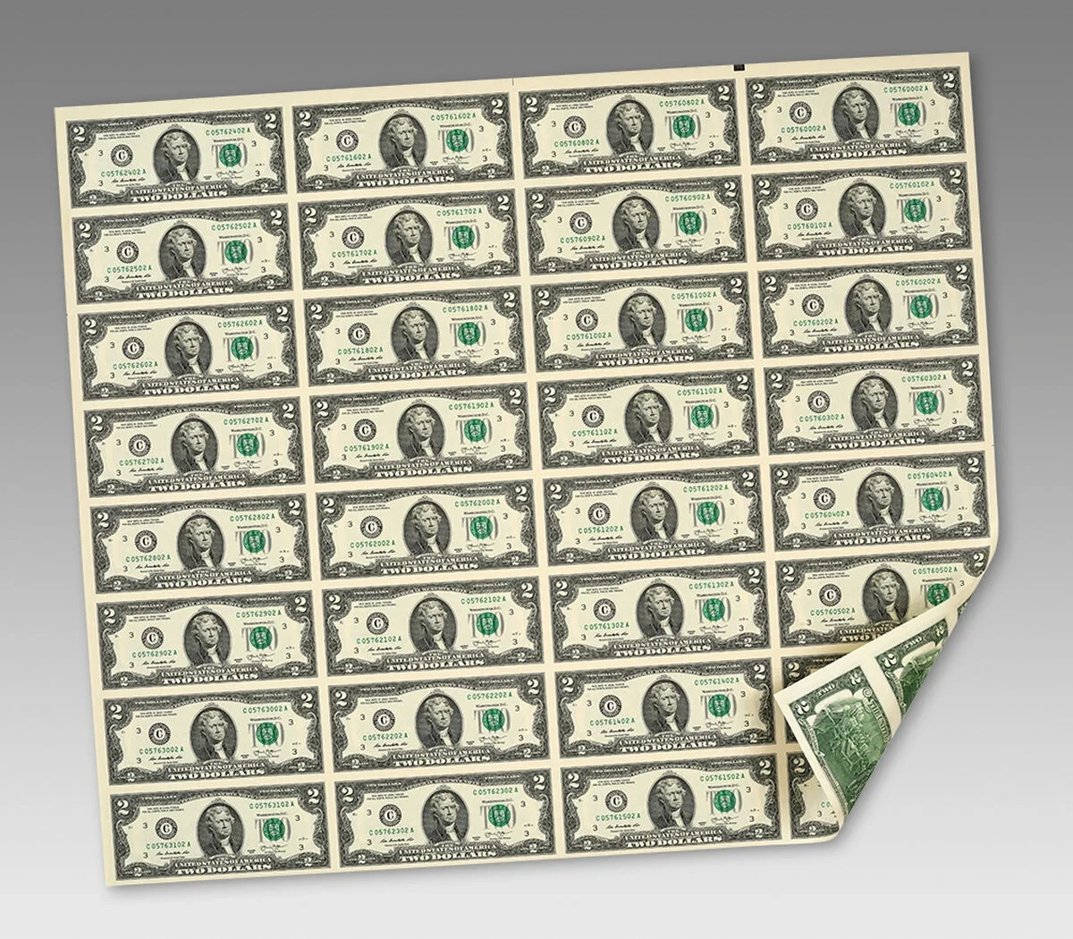 Uncut Sheet of (32) U.S. $2 Two Dollar Bills NEW Item #1102.