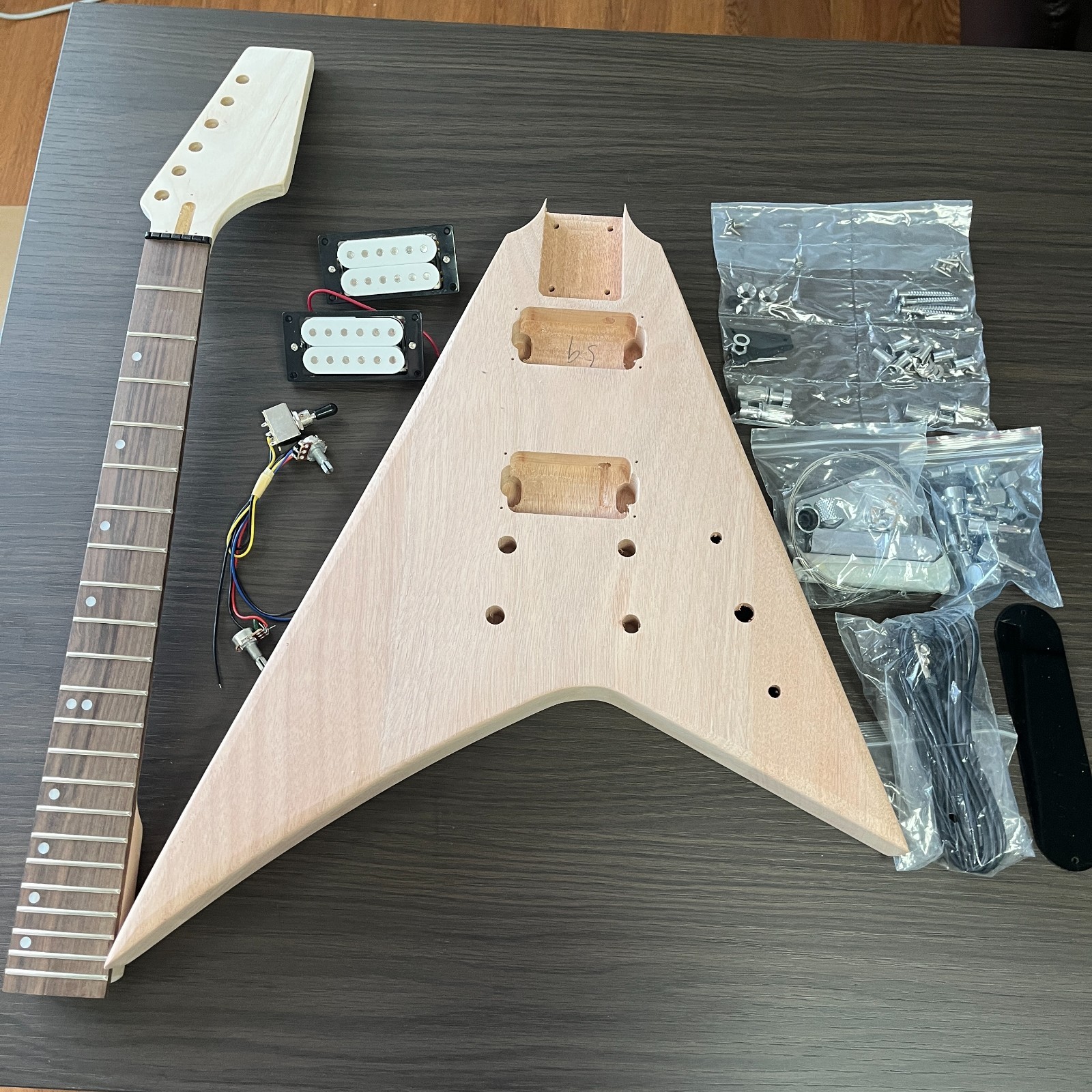 DIY Flying V Electric Guitar Kit, Unfinished Natural Wood Full Hardware Included