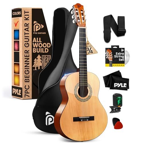 Pyle 36″ Beginner Acoustic Guitar Kit 3/4 Junior Instrument (Natural Wood Gloss)