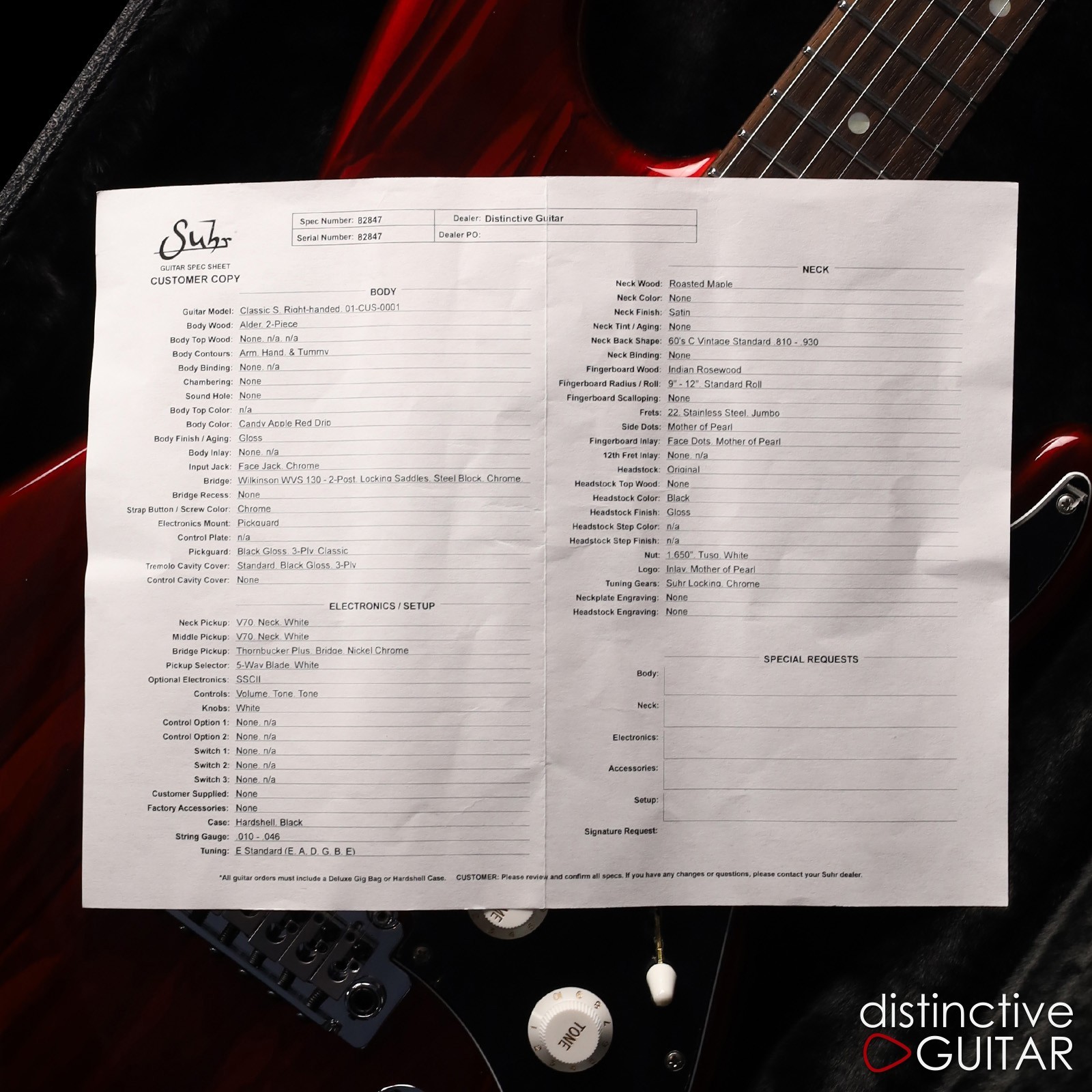 SUHR CLASSIC S CUSTOM – CANDY APPLE RED DRIP FINISH – HSS W/ ROASTED MAPLE NECK