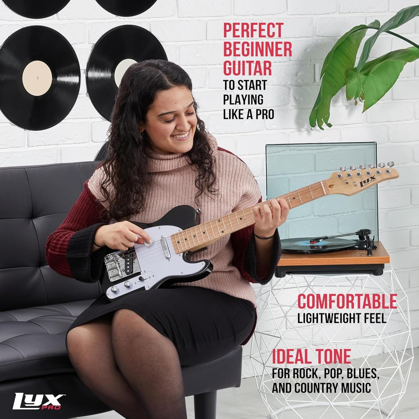 LyxPro Beginner 30″ Telecaster Style Electric Guitar, Paulownia Body, Black