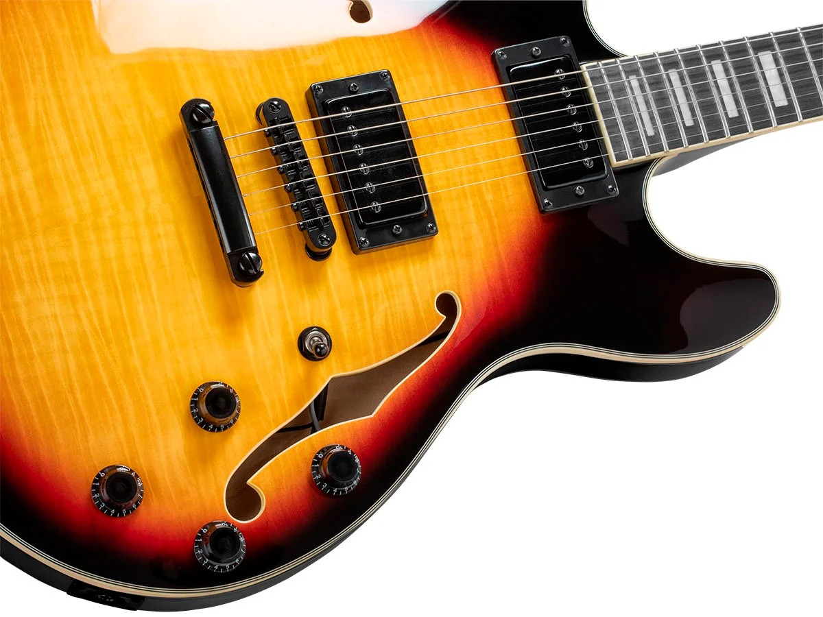 Monoprice Indio Boardwalk Flamed Maple Hollow Body Electric Guitar – Sunburst