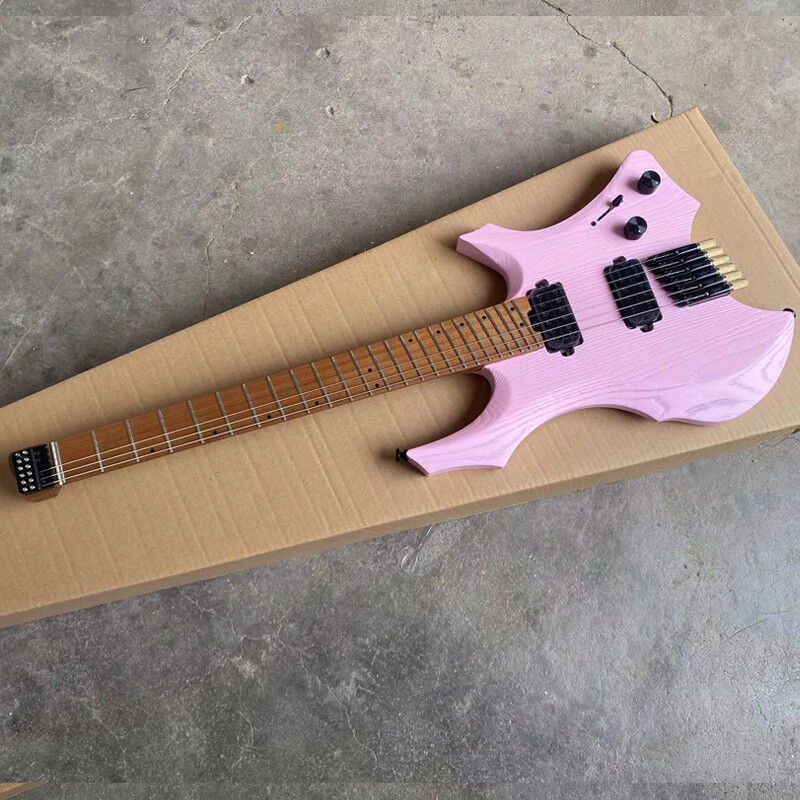 Pink Headless Electric Guitar Jumbo Stainless Steel Frets Roast Maple Ash Body