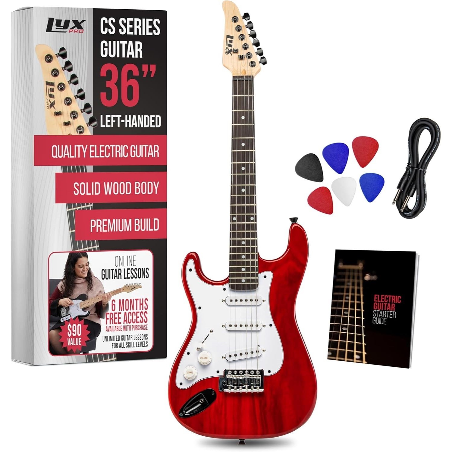 LyxPro CS 36in Left Hand Electric Guitar Kit Amp Cable 6 Picks Guide Red