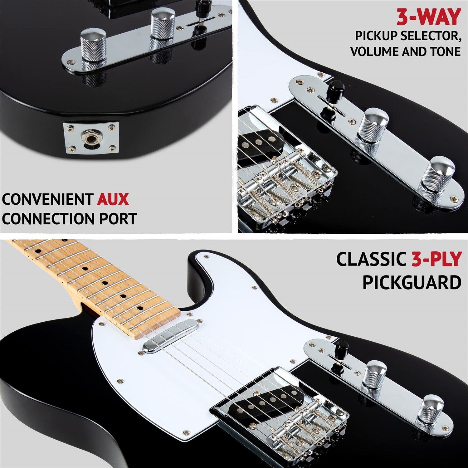 LyxPro 39″ Telecaster Style Electric Guitar, Full-Size Paulownia Body, Black