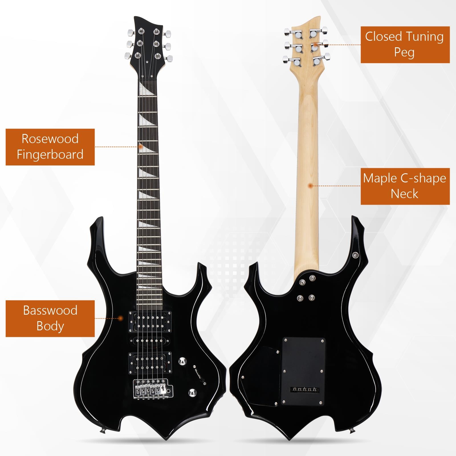 New Flame Type Electric Guitar Black Right Handed 6 String H-S-H pickup