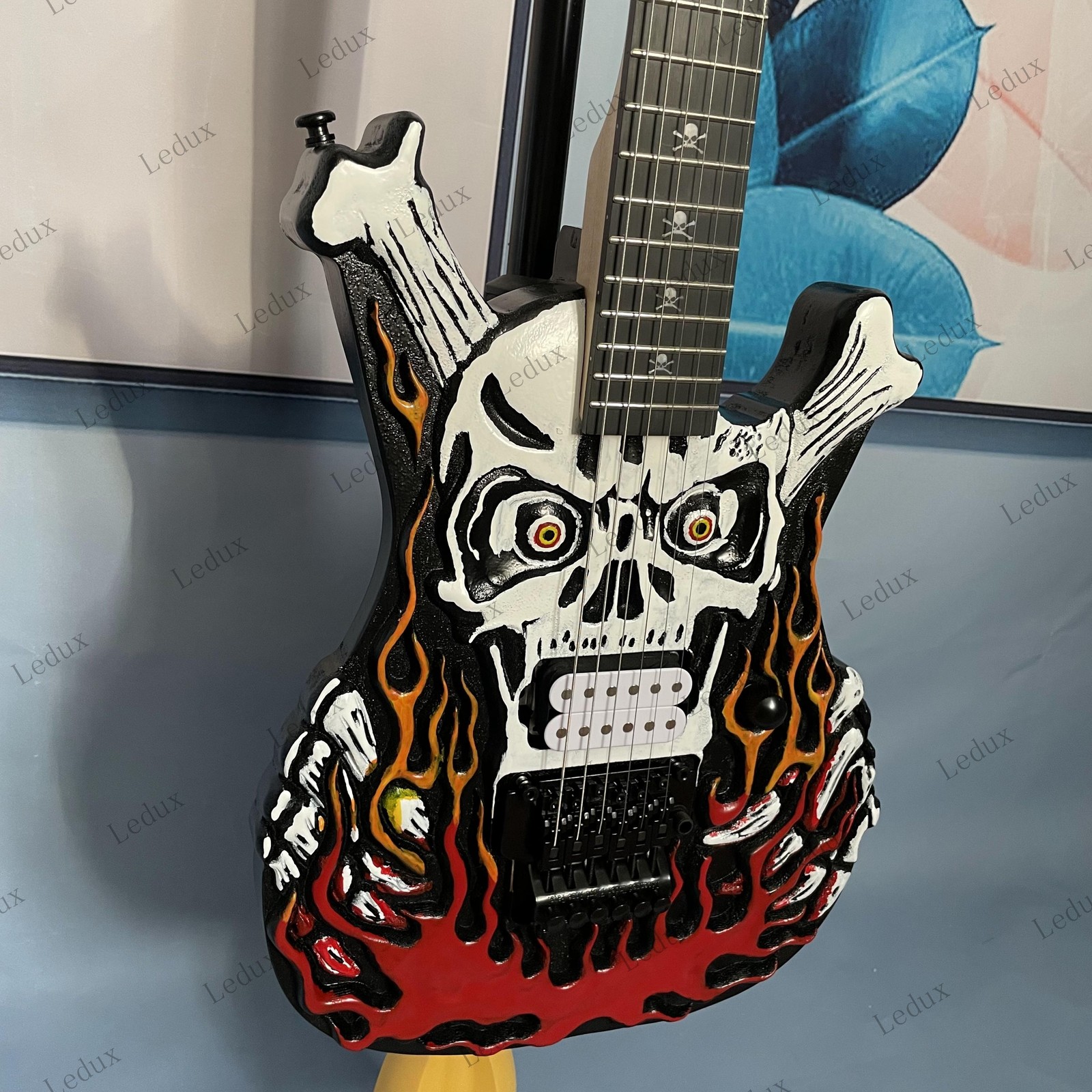 Skull Flame Graphic Solid Body Electric Guitar Stainless Steel Rounded Fret Edge