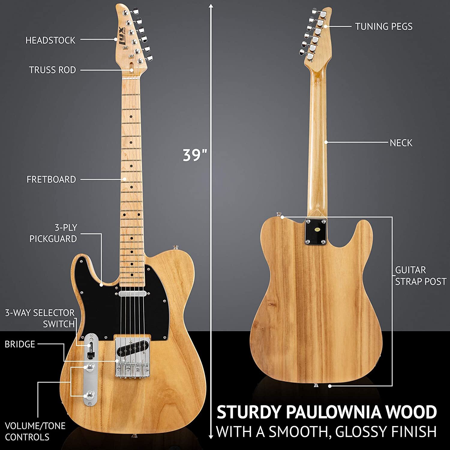 LyxPro 39″ Left Handed Telecaster Style Electric Guitar, Paulownia Body, Natural