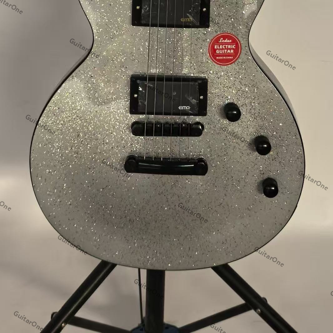 Solid Electric Guitar Active Pickups H-H Silver Glitter Finish Black HW Cutaway