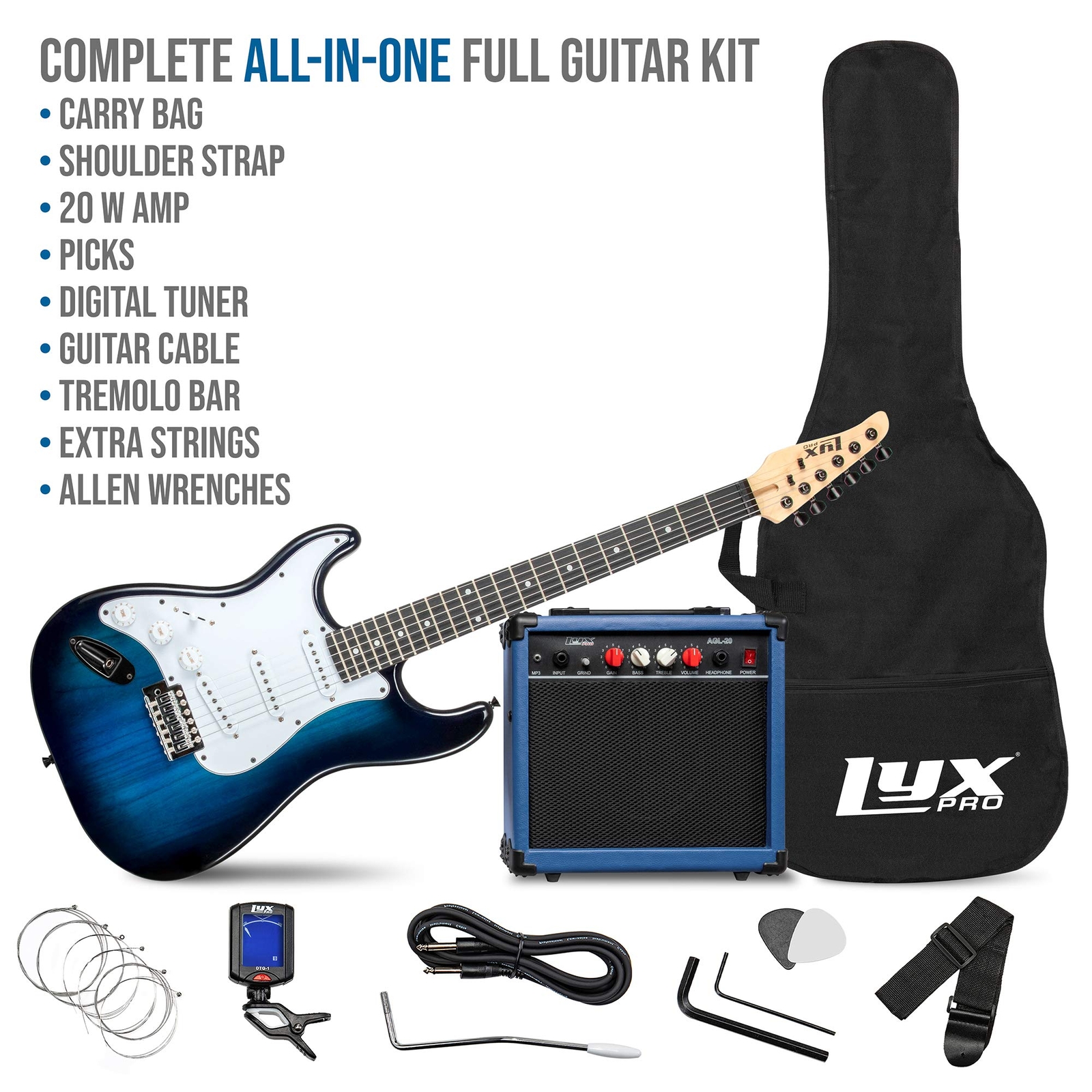 LyxPro Left Handed 39” Electric Guitar & Electric Guitar Accessories, Blue