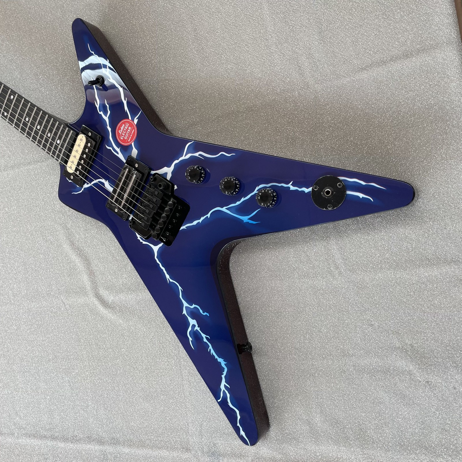 Electric Guitar Double Tremolo H-H Pickups Lightning Print Blue Finish Black HW