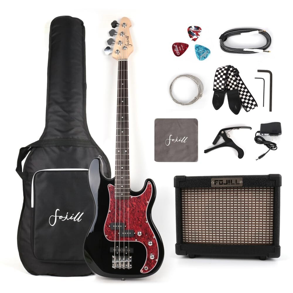 Full size electric PJ bass set with amplifier gigbag strap cable picks in black