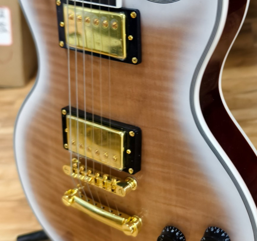 LP Custom Electric Guitar White Gray Tiger Flame Top Special Abalone Fire Patter