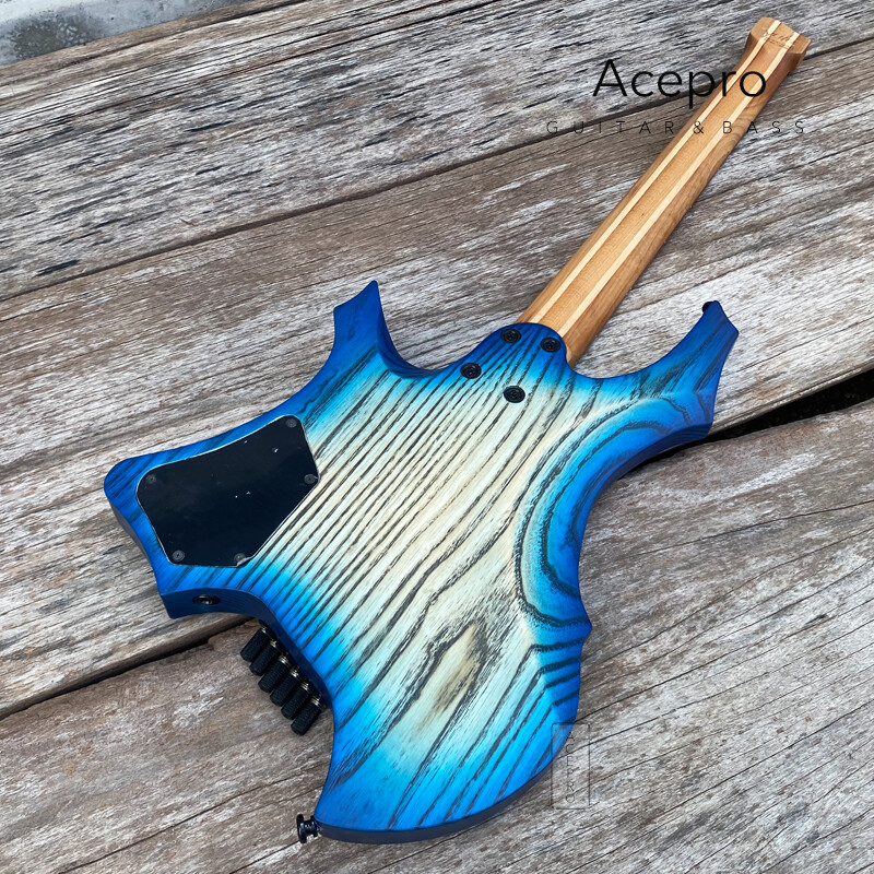 Headless Electric Guitar Jumbo Stainless Steel Oblique Frets Blue Burst Ash Body